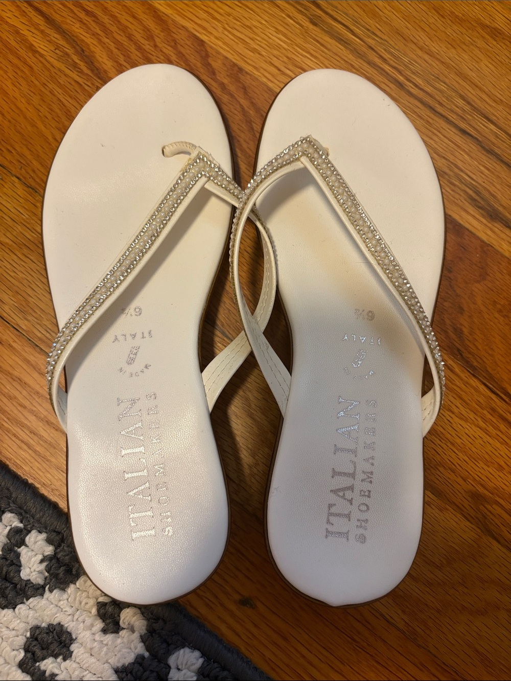 Italian Shoemakers Cream Rhinestone Strap Thong Sandals